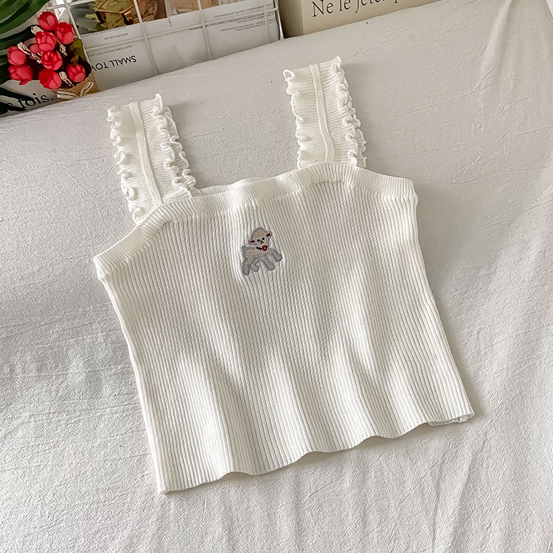 Áo Tank Top Dệt Kim Hoạ Tiết Thêu Thiết Kế Ngọt Ngào