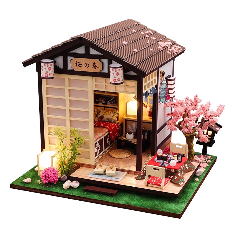 (Tặng mica,keo sữa,đèn)Mô hình gỗ bé tư lăp ráp diy doll house Nhà búp bê phong cách nhật bản VA0310