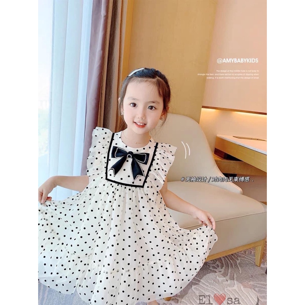 Váy bé gái chấm bi voan tơ cài nơ ngực XHN887