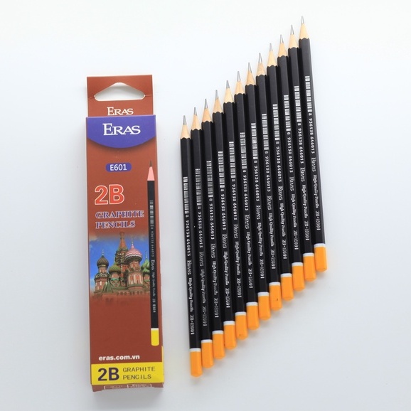 Bút chì Eras E601 2B, hộp 12 bút chì gỗ sơn đen chính hãng