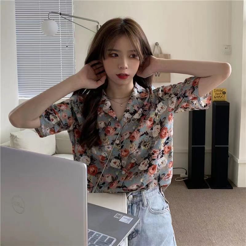 SUXI Áo sơ mi tay ngắn cổ chữ V hoạ tiết hoa thời trang phong cách retro