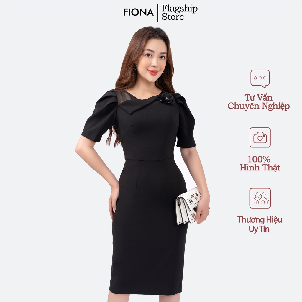 Đầm nữ dáng ôm Fiona, Váy body cổ phối trước ngực đính hoa trang trí FIONA F452248