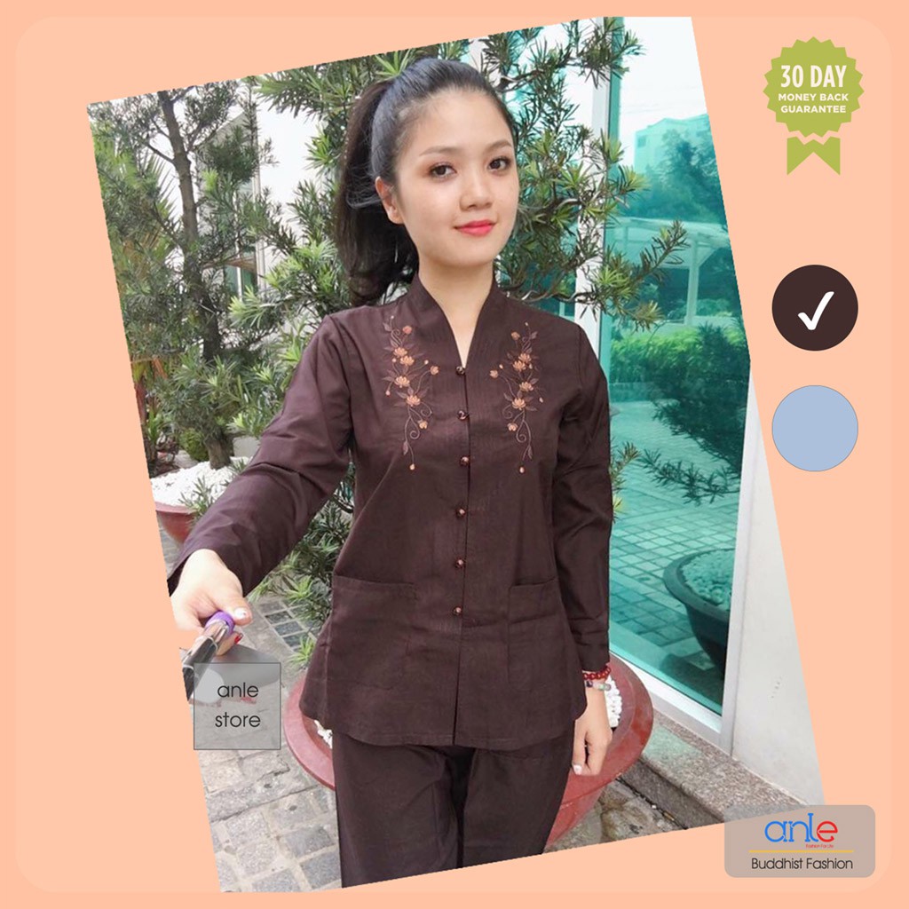 Đồ lam đi chùa Bộ Bà Lai Tôn Thêu Hoa - Bộ đồ đi chùa vải Tôn Mát co dãn Thoải mái  - Anle Store