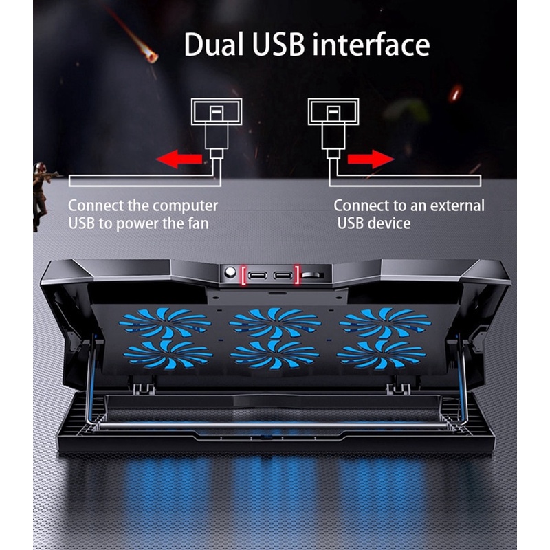 Giá đỡ tản nhiệt máy tính xách tay, làm mát nhanh, sáu quạt có thể điều chỉnh, kết cấu kim loại