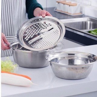BỘ RỔ BÀO RAU CỦ INOX 28CM - BỘ THAU RỔ BÀO RAU CỦ INOX KHÔNG RỈ 3 MÓN (THAU+RỔ+MẶT BÀO)– DỤNG CỤ THÁI CẮT RAU CỦ