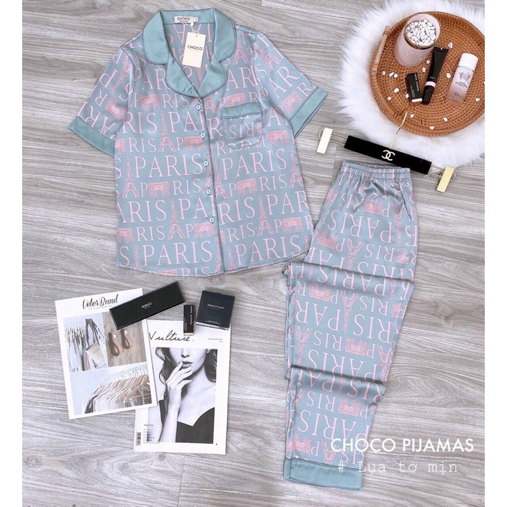 Bộ lụa ngắn tay quần dài màu xanh siêu xinh hãng choco bộ mặc nhà đẹp