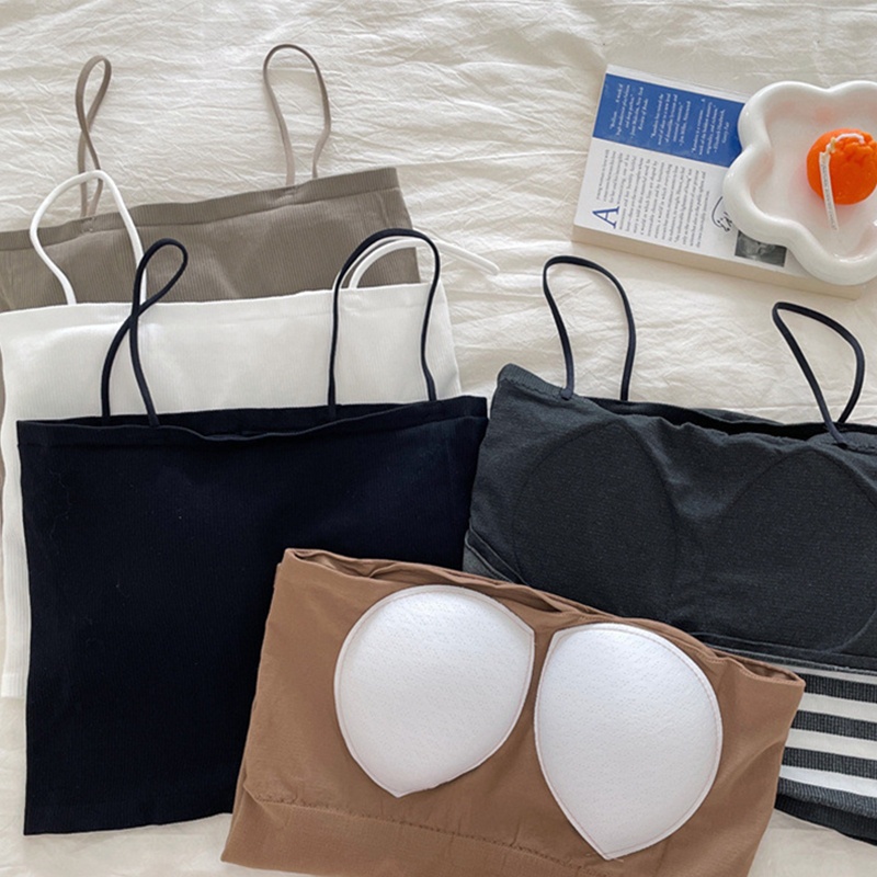 Brroa Áo Ống Hai Dây Dệt Kim Mỏng Màu Trơn Có Gân Và Đệm Ngực Cho Nữ