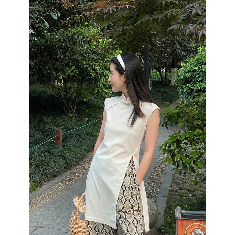 77 Áo Kiểu Sườn Xám Cách Tân Không Tay Cổ Đứng Xẻ Tà Phong Cách Retro Trung Hoa áo choàng dài