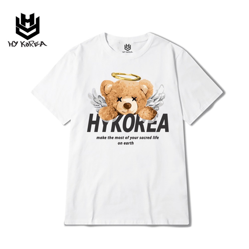 Áo Thun Nam Nữ HY Korea Form Rộng Cotton 100 In Hình Gấu Angle 567.