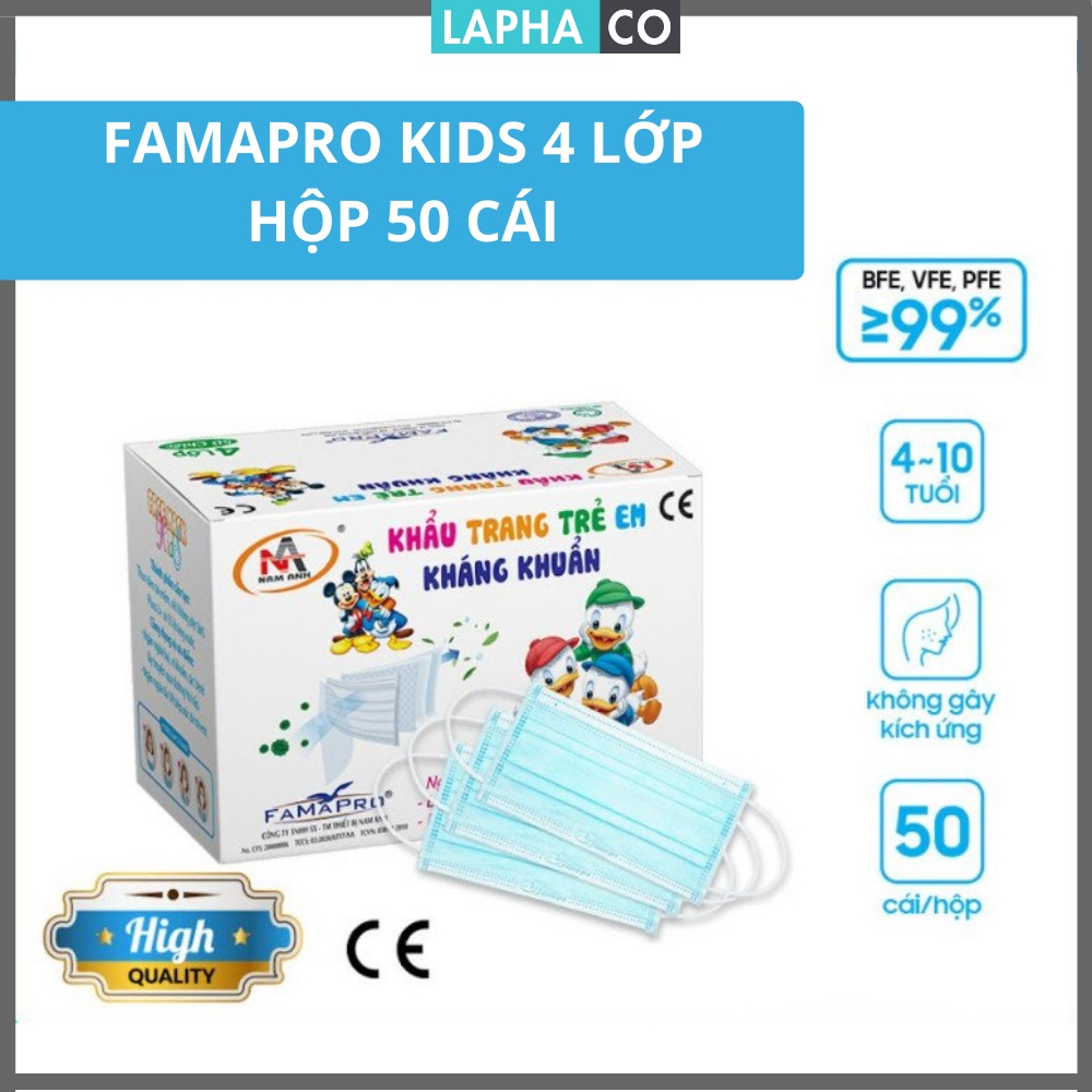 [FAMAPRO KIDS 4 LỚP - HỘP 50 CÁI] Khẩu trang y tế trẻ em 4 lớp kháng khuẩn FDA Nam Anh Famapro kids (50 cái)