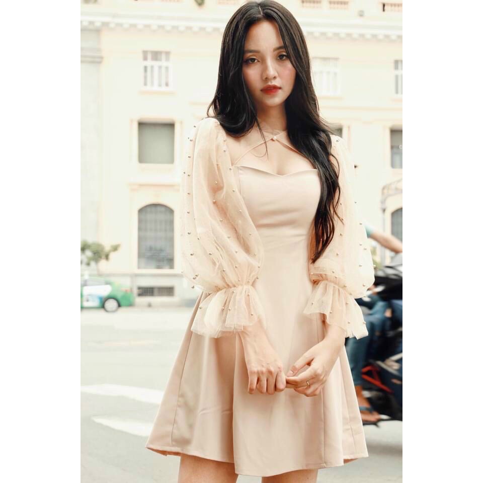 Váy đầm nữ dáng xòe tay lưới phồng đính cườm cổ tàu khoét ngực (có sẵn mút) | BigBuy360 - bigbuy360.vn