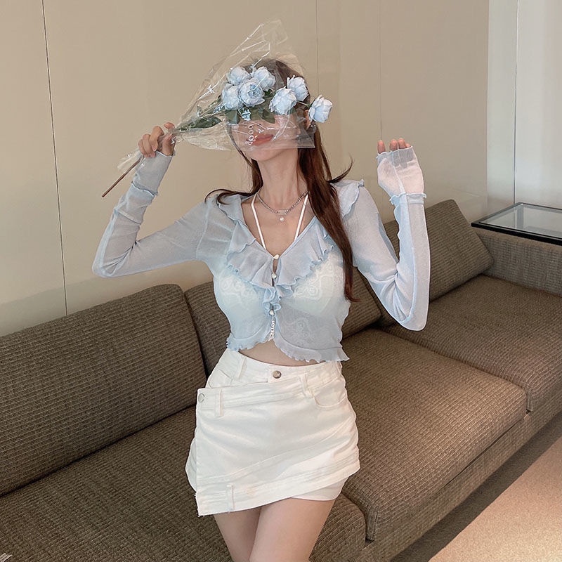 COZOKC COZOK Áo cardigan dệt kim COZOK tay dài phối bèo kiểu dáng thời trang