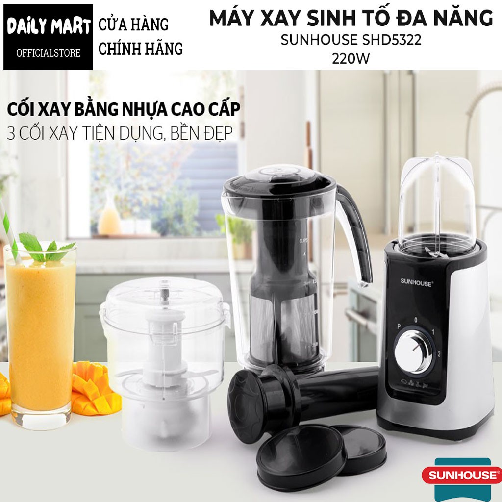 Máy Xay Sinh Tố 3 Cối Nhựa Sunhouse SHD5322B 220W - Máy Sinh Tố Đa Năng Thiết Kế Thông Minh