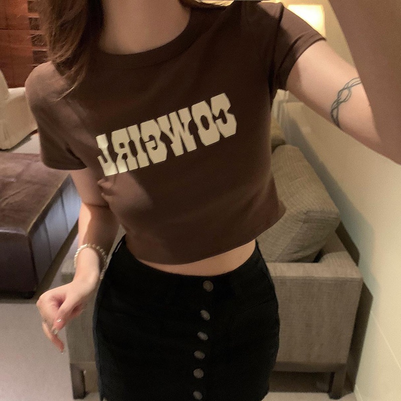 Áo croptop SUXI cổ tròn tay ngắn dáng ôm in chữ đơn giản thời trang mùa hè quyến rũ cho nữ