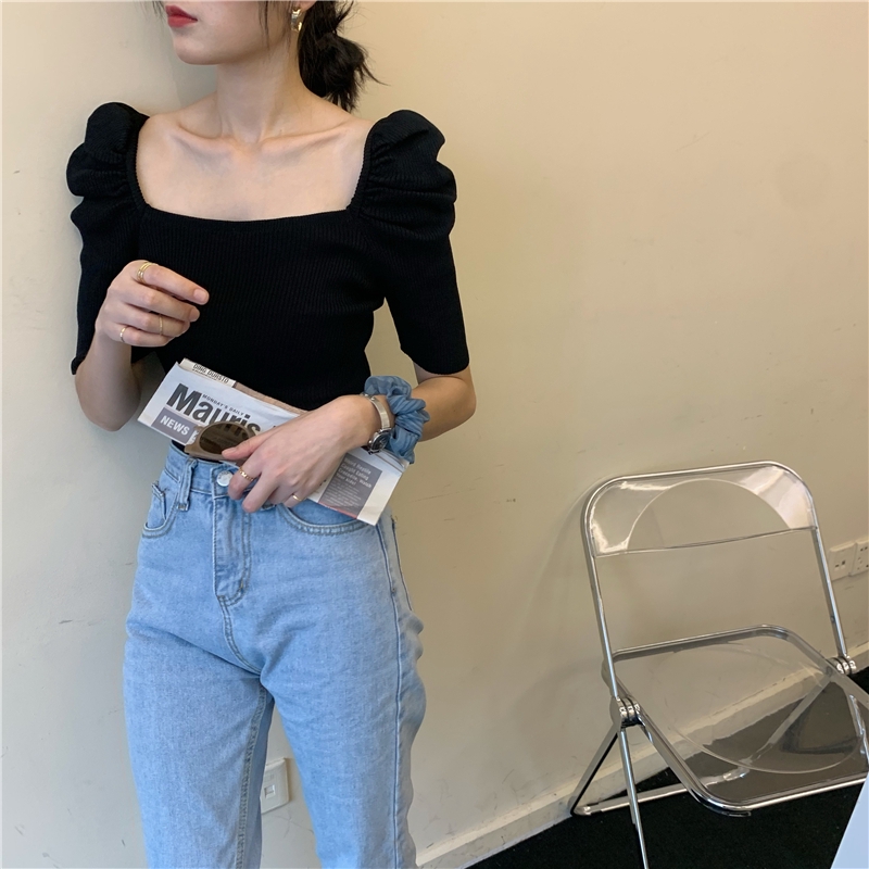 Áo lửng tay phồng cổ vuông màu trơn dễ thương thời trang dành cho nữ | BigBuy360 - bigbuy360.vn