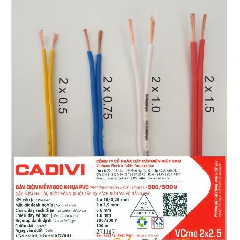 [Bán lẻ theo mét] Dây điện đôi mềm Cadivi 2x0,5mm ,2x0,75mm, 2x1mm,2X1.5mm,2x2.5mm