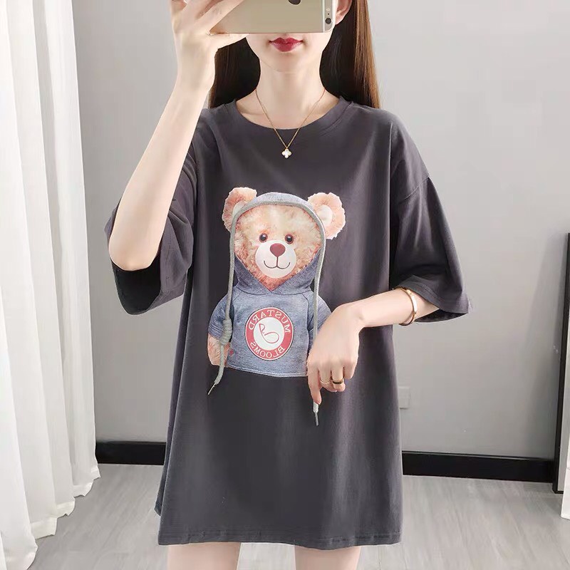 ÁO PHÔNG GẤU ĐỘI MŨ A HÌNH IN 5D TO ĐẸP SIÊU NÉT CHUẨN MẪU .SAO THUN NỮ UNISEX MAX RẺ  CHÁT COTTON TAY LỠ FROM RỘNG
