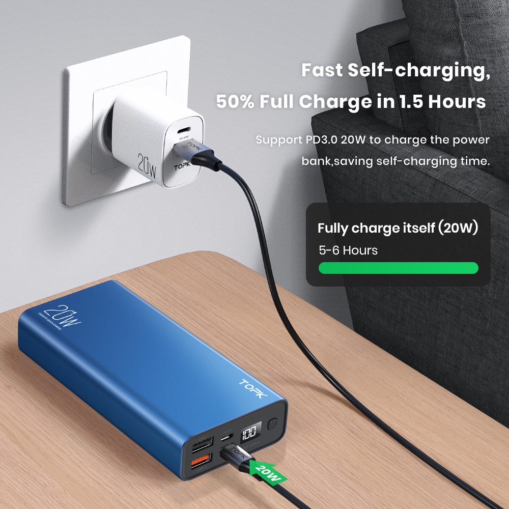 [Sạc nhanh] Sạc dự phòng 20000mAh TOPK I2006P PD QC 3.0 18W 3 đầu ra - Bảo hành chính hãng 12 tháng