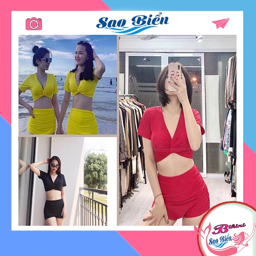 Đồ bơi nữ hai mảnh áo tay ngắn xoắn ngực phối quần đùi cạp cao che bụng màu đen, vàng, đỏ