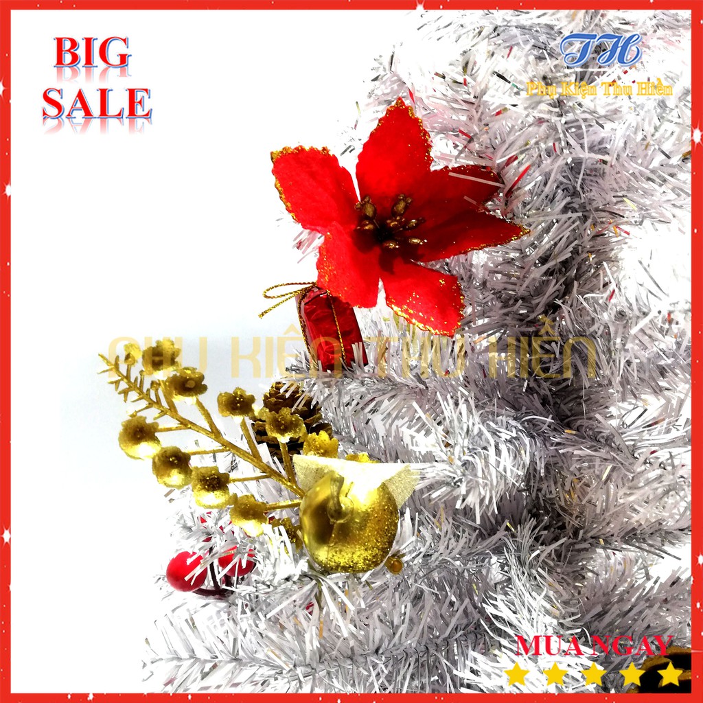 Cây thông noel mini để bàn 51cm màu trắng bạc đế nhựa bọc vải đỏ trang trí giáng sinh cho phòng khách, phòng ngủ