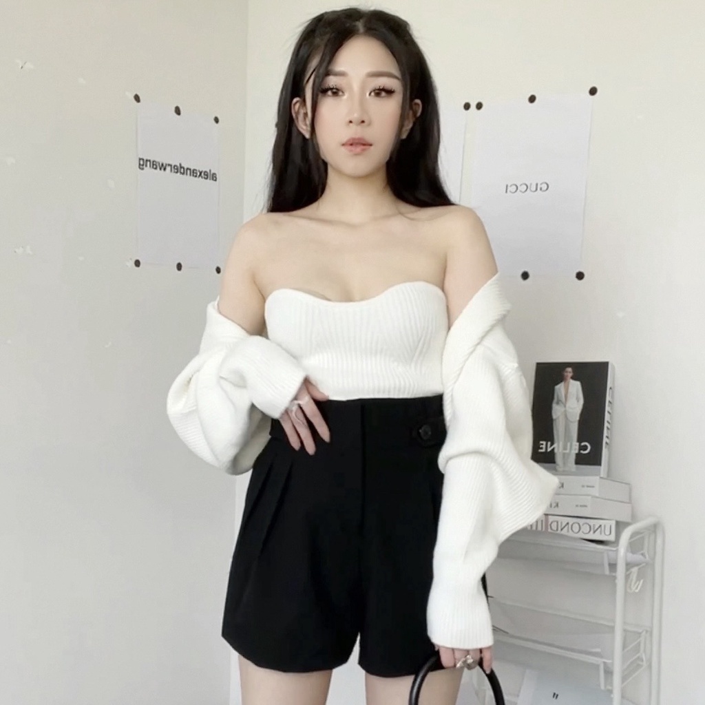 Áo len cardigan croptop tặng kèm quây len trắng WAY 2 SEXY CARIGAN/WH tingoan