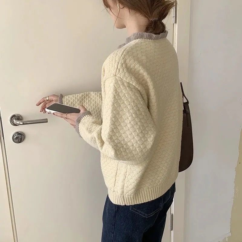 Áo khoác Cardigan dệt kim cổ tròn tay dài dáng rộng phong cách Hàn Quốc mới