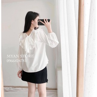 Set áo sơ mi cổ nơ mix chân váy
