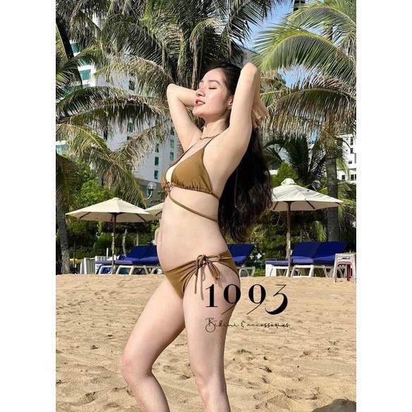 Bikini 2 Mảnh Tam Giác Phối Khoen Cột Dây, Đồ Bơi Nữ Đi Biển Nâu Đơn Giản Gợi Cảm - OS090