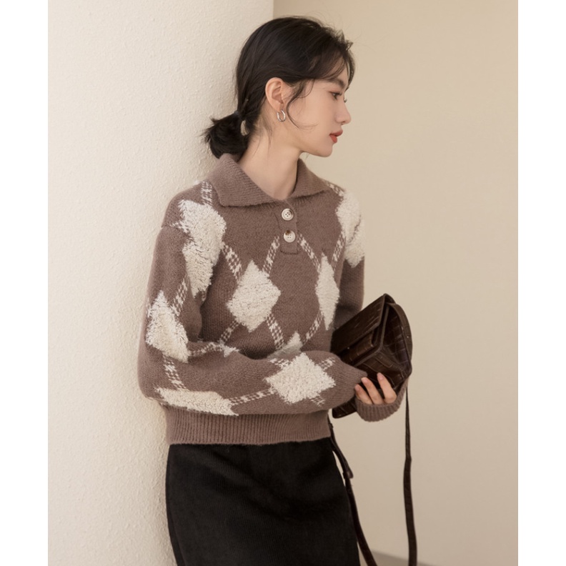 QADCOL  Áo dệt kim mềm mại cổ polo họa tiết caro thời trang dành cho nữ