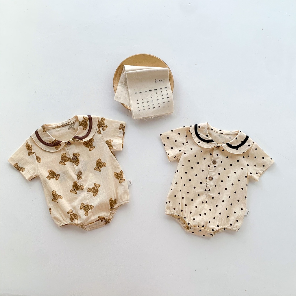 Áo Liền Quần Tay Ngắn In Hình Chú Gấu Đáng Yêu Dành Cho Bé Gái Sơ Sinh