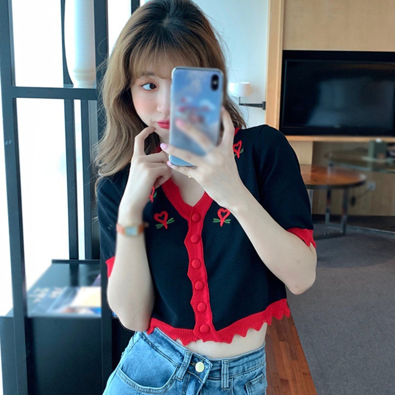 Áo Cardigan Ngắn Tay Cổ Chữ V In Họa Tiết Xinh Xắn Theo Phong Cách Hàn Quốc