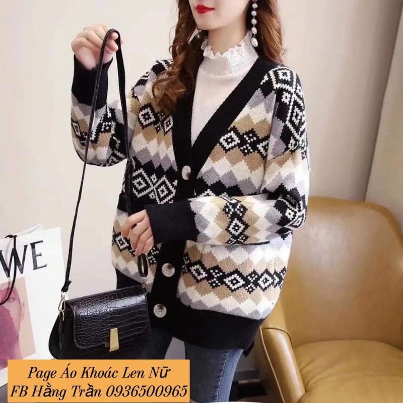 Áo khoác len cardigan nữ dáng dài from rộng họa tiết thổ cẩm.