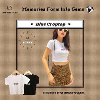 Áo thun croptop thêu chữ - blue croptop