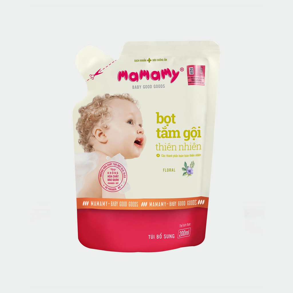 Túi Bổ Sung Bọt tắm gội thiên nhiên Mamamy an toàn cho bé hương Floral 200ml/túi - Combo 3 túi