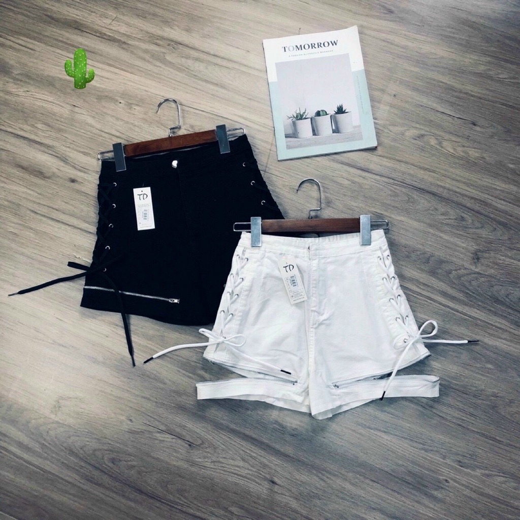 Quần đùi kaki pc lưng cao phối đan dây bên ống mix dây kéo cực lạ đủ size