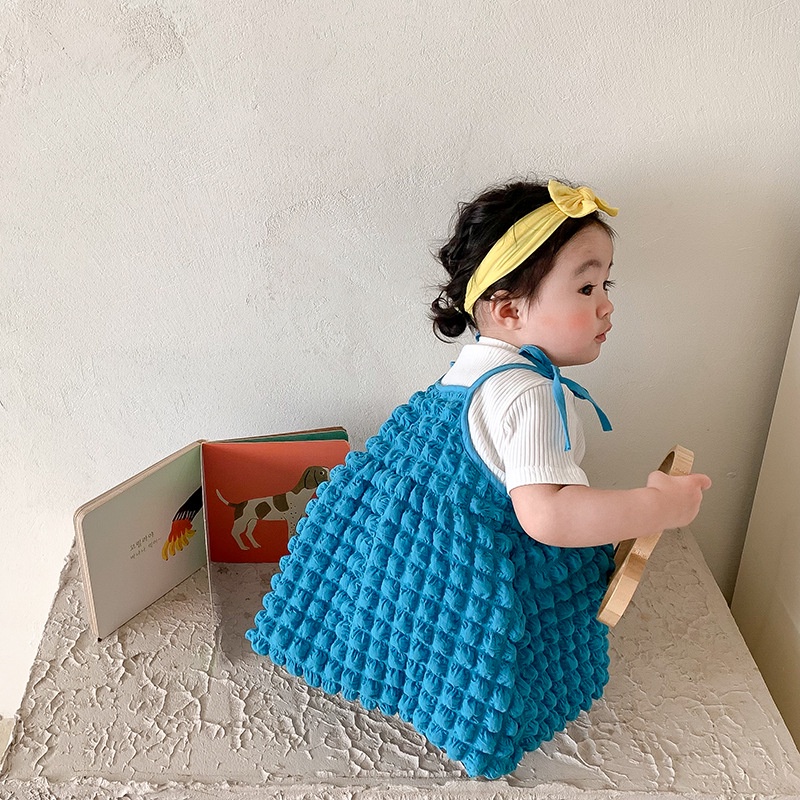 Set Áo Thun Tay Ngắn Màu Trắng + Đầm Hai Dây Màu Xanh Dương Dễ Thương Cho Bé Gái