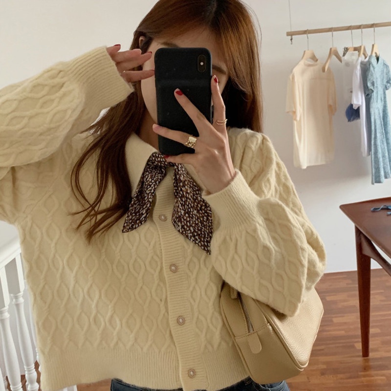 Áo Khoác Len Cổ Búp Bê Dáng Ngắn Phối Nút Cài Họa Tiết Kim Cương Phong Cách Ngọt Ngào Cho Nữ | BigBuy360 - bigbuy360.vn