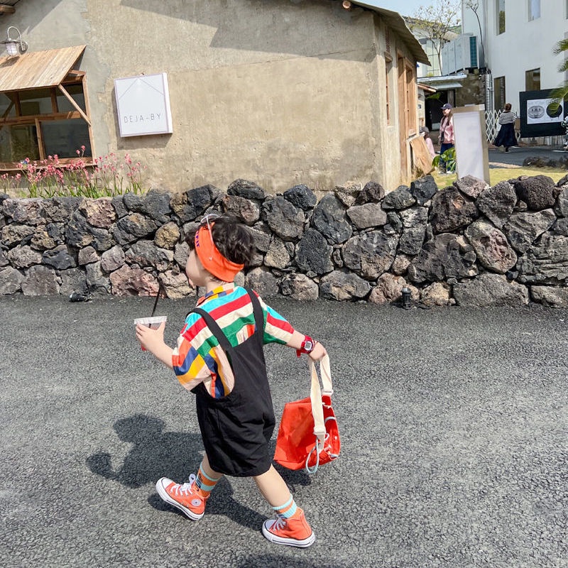 Bộ Áo Sơ Mi Cotton Tay Ngắn + Quần Short Kẻ Sọc Màu Sắc Cầu Vồng Phong Cách Hàn Quốc Thời Trang Mùa Hè Cho Bé Trai