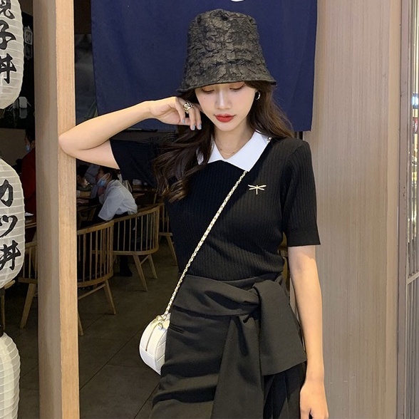 Áo thun polo ZHELIHANGFEI dệt kim tay ngắn thêu hình chuồn chuồn dễ thương thời trang