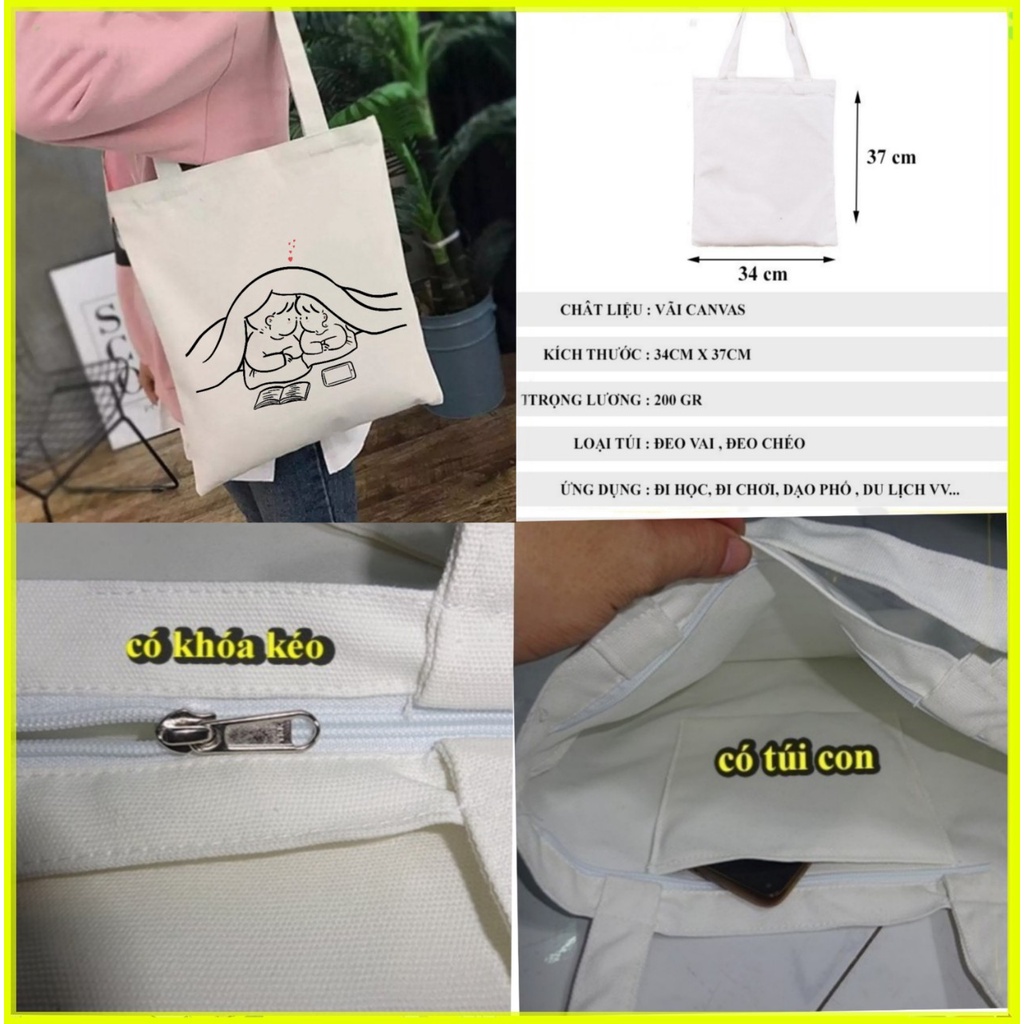 Túi tote đeo vai cute vải canvas giá rẻ đẹp đi học đi chơi TN79