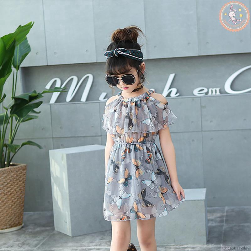 Đầm trễ vai tay loe hoạ tiết bướm chất Chiffon cho bé