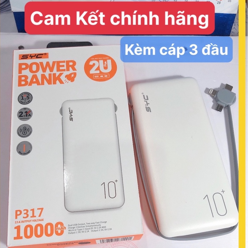 Pin sạc dự phòng SYC P317 dung lượng 10.000 mAh đi kèm với cáp sạc hỗ trợ sạc nhiều thiết bị cùng lúc