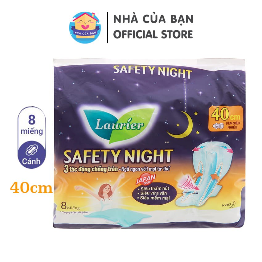 Băng vệ sinh ban đêm Laurier Safety Night siêu an toàn 40cm, siêu thấm hút, chống tràn, ngủ ngon mọi tư thế