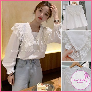 Áo sơ mi nữ hàn quốc cổ bẻ bản to tay bồng bo chun AH026, mẫu áo sơ mi vải thô mềm phối ren cực xinh