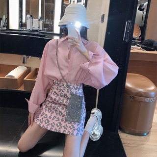 Set áo sơ mi hồng + chân váy bò sữa hồng