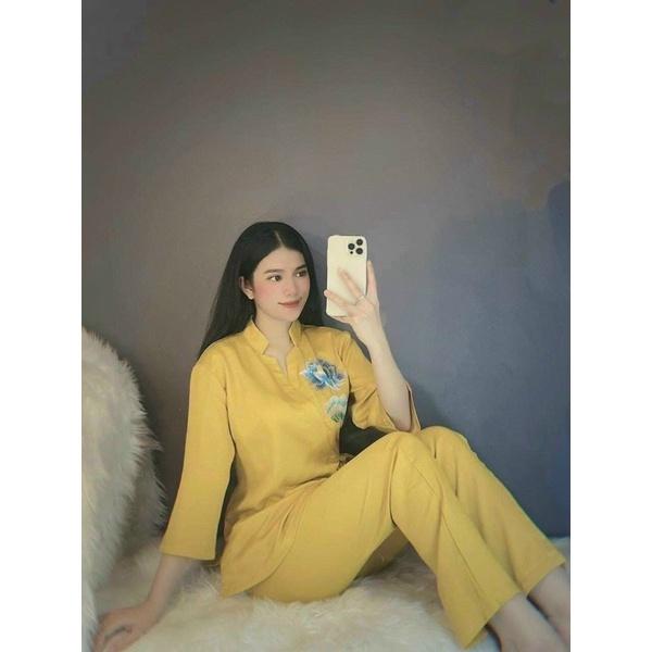 Set Bộ Lam Tay Lỡ Đi Chùa Chất Gấm Xước Áo Cổ Tàu Đính Hạt Xẻ Tà Vạt Bầu + Quần Ống Xuông