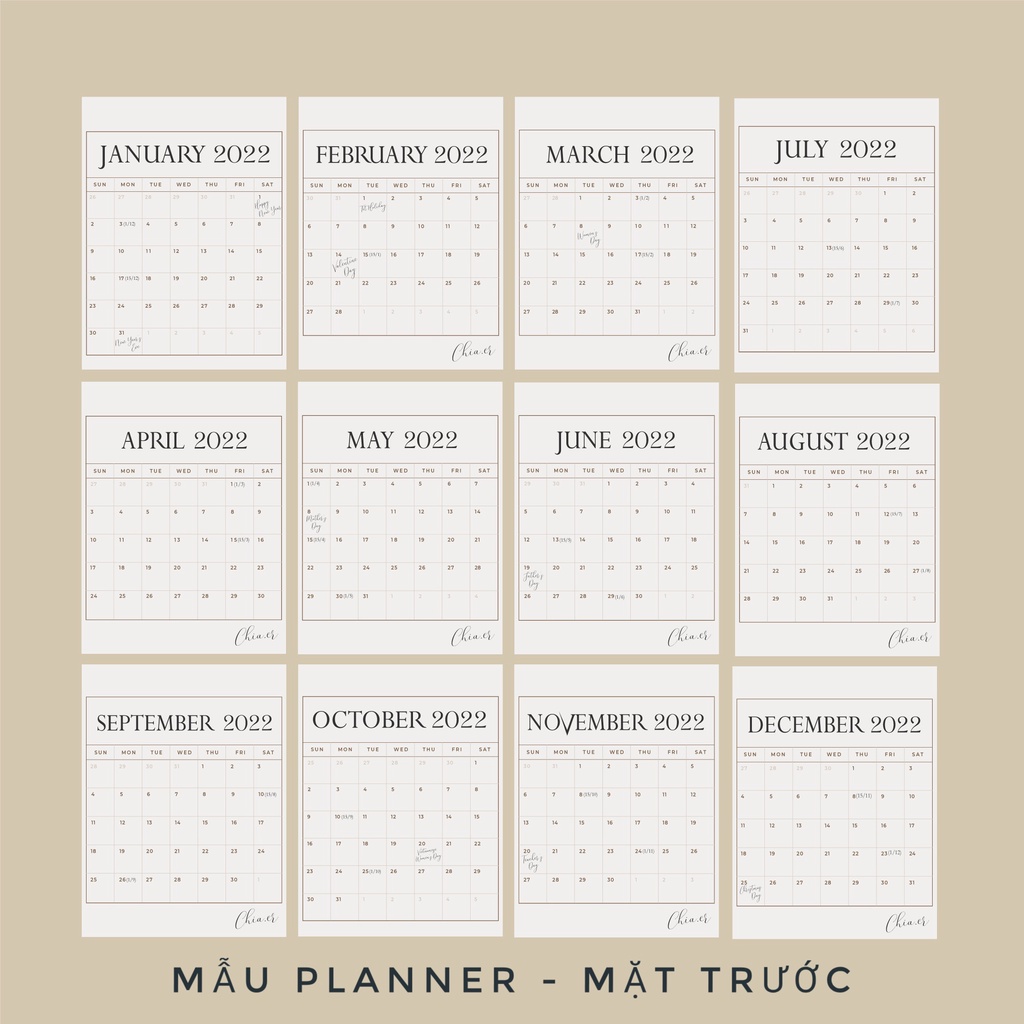 Lịch để bàn Planner đẹp - Lịch để bàn 2022 - Lịch chữ A thiết kế Chia Calendar