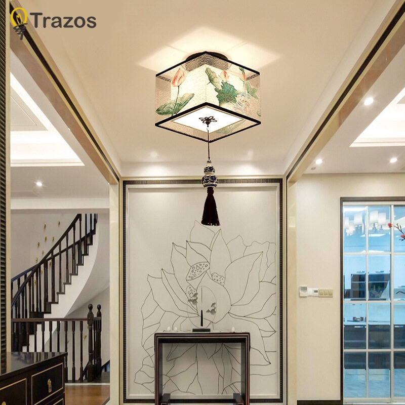 Đèn trần LED Trazos hình tròn/vuông với chụp đèn vải phong cách Trung Hoa trang trí phòng khách