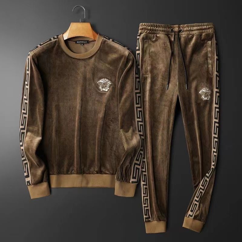 Bộ quần áo thể thao dài tay bằng nhung màu đen họa tiết kẻ sọc thêu chữ Medusa M-5Xl Khaki thời trang thu đông cho nam