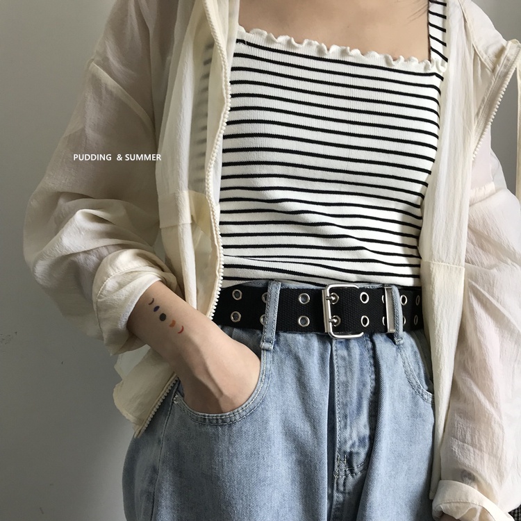 Thắt Lưng Vải Canvas Hai Hàng Lỗ Kim Loại Phong Cách Hip Hop Hàn Quốc Thời Trang Cho Nam Và Nữ